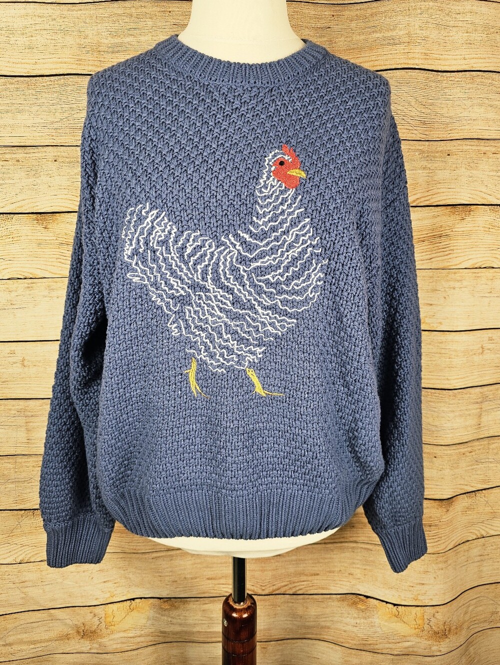 Molly Yeh  Chicken Rooster Embroidered Blue Chunky Sweater Size Large